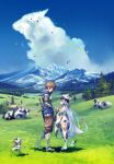  1boy 1girl blue_hair blue_sky brown_hair clouds confetti cow cow_hat forest gran_(granblue_fantasy) granblue_fantasy hood hoodie horns lake long_hair mountainous_horizon nature shatola_(granblue_fantasy) shimotsuki_eight sky sword tail thigh-highs weapon wide_sleeves windmill 