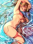  1girl armpits bikini blonde_hair blue_eyes breasts commentary_request duplicate flower granblue_fantasy hair_flower hair_ornament holding holding_eyewear large_breasts long_hair looking_at_viewer lying navel on_side open_mouth partially_submerged red_bikini smile solo sunglasses swimsuit upper_teeth wardrobe_malfunction wat_(worldlog) water wet zeta_(granblue_fantasy) 