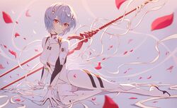  1girl ayanami_rei bangs bident blue_hair bodysuit eyebrows_visible_through_hair full_body hair_between_eyes hands_on_ground highres hyunwoo interface_headset lance_of_longinus looking_at_viewer neon_genesis_evangelion petals plugsuit red_eyes short_hair skin_tight solo tagme white_bodysuit 