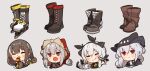  4girls amonitto arknights boots brown_hair earrings fang fur-trimmed_hood fur_trim grey_hair hairband hat highres hood ice_skates jewelry long_hair magallan_(arknights) multiple_girls projekt_red_(arknights) silver_hair skadi_(arknights) skates smile tail weedy_(arknights) whistle 