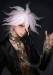  1boy akiko_141 bangs black_jacket broken broken_chain chain chained collar collarbone commentary cuffs dangan_ronpa_(series) dangan_ronpa_another_episode:_ultra_despair_girls hair_between_eyes hand_up handcuffs highres jacket komaeda_nagito long_sleeves looking_at_viewer male_focus open_clothes open_jacket red_nails shackles smile solo upper_body white_hair 