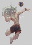  1boy abs animal_ear_fluff animal_ears artist_name black_shorts collarbone commentary dragalia_lost eyes_visible_through_hair flip-flops full_body green_hair grey_background grin highres jokerpang jumping long_hair looking_to_the_side luca_(dragalia_lost) male_focus motion_blur nipples rabbit_ears red_eyes sandals shirtless shorts simple_background smile solo symbol_commentary teeth toned toned_male volleyball white_footwear wristband 