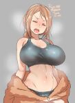  1girl 2021 agawa_ryou artist_name breasts brown_hair closed_eyes commentary grey_background huge_breasts long_hair midriff navel original signature simple_background solo steam zipper 