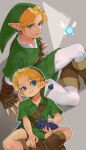  2boys blonde_hair blue_eyes boots brown_footwear earrings fairy from_above green_headwear green_shorts grey_background hat holding holding_instrument instrument iva_(sena0119) jewelry knee_boots link looking_at_viewer male_focus multiple_boys multiple_persona navi ocarina pointy_ears shorts sitting smile sword the_legend_of_zelda the_legend_of_zelda:_ocarina_of_time twitter_username weapon weapon_on_back white_legwear young_link 