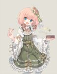  1girl :d bangs blush bow character_name commentary dress eyebrows_visible_through_hair flower frilled_dress frills gothic_wa_mahou_otome green_bow green_dress green_eyes grey_background hair_between_eyes hair_flower hair_ornament hands_up holding juliet_sleeves long_sleeves looking_at_viewer low_twintails open_mouth pantyhose pink_hair puffy_sleeves rento_(rukeai) rose short_twintails simple_background smile solo souffle_(gothic_wa_mahou_otome) star_(symbol) twintails twitter_username white_legwear wide_sleeves yellow_flower yellow_rose 