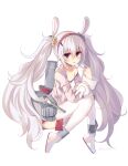  1girl :o animal_ears azur_lane bangs blush breasts brown_eyes camisole cannon collarbone commentary eyebrows_visible_through_hair full_body grey_hair hair_between_eyes hair_ornament hairband hands_up jacket laffey_(azur_lane) long_hair long_sleeves looking_at_viewer machinery off_shoulder open_clothes open_jacket parted_lips pink_jacket rabbit_ears red_hairband red_skirt rento_(rukeai) shoes simple_background skirt sleeves_past_wrists small_breasts solo strap_slip thigh-highs turret twintails very_long_hair white_background white_camisole white_footwear white_legwear 