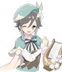  1boy black_hair blue_hair blush bow braid cape flower frilled_sleeves frills genshin_impact gradient_hair green_eyes green_headwear hair_flower hair_ornament hat highres holding holding_instrument instrument leaf long_sleeves looking_at_viewer lyre male_focus multicolored_hair open_mouth otoko_no_ko ribbon simple_background smile solo twin_braids venti_(genshin_impact) white_background white_flower wxwd8548 