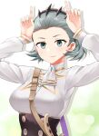  1girl absurdres arms_up breasts closed_mouth commission commissioner_upload cosplay fire_emblem fire_emblem:_three_houses fire_emblem_fates garreg_mach_monastery_uniform grey_eyes grey_hair hairband highres igni_tion looking_at_viewer petra_macneary petra_macneary_(cosplay) simple_background smile sophie_(fire_emblem) upper_body 