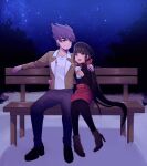  1boy 1girl 310v3 :d alternate_costume ankle_boots bangs bench black_footwear black_legwear blunt_bangs boots brown_jacket commentary commission couple dangan_ronpa_(series) dangan_ronpa_v3:_killing_harmony eyebrows_visible_through_hair facial_hair full_body hair_ornament hair_scrunchie hand_on_another&#039;s_hip hand_on_another&#039;s_shoulder harukawa_maki hetero high_heel_boots high_heels highres jacket long_hair looking_at_another low_twintails mole mole_under_eye momota_kaito night night_sky open_mouth outdoors pants pencil_skirt pink_hair purple_hair purple_pants red_scrunchie red_skirt scrunchie shirt shoes sitting skirt sky smile spiky_hair star_(sky) starry_sky tree twintails twitter_username white_shirt wooden_bench 