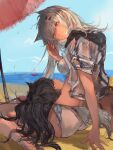  2girls absurdres animal_ears arknights ass bare_legs bikini black_hair blue_eyes blue_sky breasts brown_eyes closed_mouth day feet_out_of_frame from_behind grey_jacket highres horizon jacket lap_pillow lappland_(arknights) long_hair looking_at_viewer looking_back lying medium_breasts multiple_girls naijiaer ocean on_back open_clothes open_jacket outdoors scar scar_across_eye short_sleeves silver_hair sitting sky smile sunlight swimsuit tail texas_(arknights) very_long_hair white_bikini wolf_ears wolf_girl wolf_tail yuri 