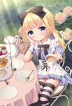  1girl alice_(wonderland) alice_in_wonderland apron bangs black_bow blonde_hair blue_dress blue_eyes blue_sleeves blush bow chair chitosezaka_suzu closed_mouth commentary_request cup day detached_sleeves dress eyebrows_visible_through_hair flower food frilled_apron frills hair_bow holding holding_cup long_hair macaron on_chair outdoors puffy_short_sleeves puffy_sleeves rose rose_bush sandwich saucer short_sleeves sitting smile solo spoon strapless strapless_dress striped striped_legwear table tablecloth teacup teapot thigh-highs tiered_tray very_long_hair waffle white_apron wrist_cuffs 