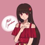  1girl aki_aiko bangs bare_shoulders blunt_bangs brown_hair character_name collarbone commentary_request dangan_ronpa_(series) dangan_ronpa_v3:_killing_harmony dress eyebrows_visible_through_hair flower hair_flower hair_ornament hand_on_own_chest harukawa_maki long_hair looking_at_viewer mole mole_under_eye off-shoulder_dress off_shoulder official_alternate_costume pink_background red_dress red_eyes red_flower short_sleeves simple_background solo upper_body very_long_hair 