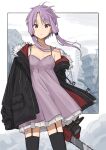  1girl bangs black_jacket black_legwear border chainsaw cityscape closed_mouth commentary dress eyebrows_visible_through_hair fur_trim garter_straps highres holding holding_chainsaw jacket looking_at_viewer minatsuki_(m1natsuk1) open_clothes open_jacket outdoors purple_dress purple_hair ruins short_hair short_hair_with_long_locks sidelocks sleeveless sleeveless_dress solo standing thigh-highs violet_eyes vocaloid voiceroid white_border yuzuki_yukari 