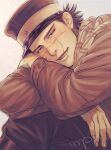  1boy absurdres black_hair blush brown_coat brown_hair brown_pants brown_scarf buttons coat eyebrows golden_kamuy grey_background grey_headwear hat highres imperial_japanese_army kepi long_sleeves looking_at_viewer male_focus military military_hat military_uniform mprichin pants parted_lips scar scar_on_cheek scar_on_face scar_on_mouth scar_on_nose scarf short_hair signature simple_background sitting smile solo spiky_hair star_(symbol) sugimoto_saichi two-tone_headwear uniform upper_body yellow_headwear 