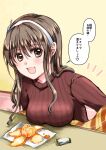  1girl alternate_costume ashigara_(kantai_collection) breast_rest breasts brown_eyes brown_hair brown_sweater commentary_request food fruit hairband highres horned_headwear kantai_collection long_hair mandarin_orange ribbed_sweater smile solo sweater table translation_request turtleneck upper_body wakakohime_moe wavy_hair 