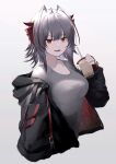  1girl ahoge aizawa_masaya arknights ass breasts bubble_tea cup demon_horns hair_between_eyes highres holding holding_cup horns looking_at_viewer medium_breasts open_mouth red_eyes short_hair simple_background smile strap sweater undressing upper_body w_(arknights) white_hair 