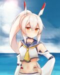  1girl absurdres armpits ascot ayanami_(azur_lane) azur_lane bangs belt blue_sky blurry blush choker clouds cloudy_sky commentary_request depth_of_field detached_sleeves eyebrows_visible_through_hair eyes_visible_through_hair hair_between_eyes hair_ornament hairclip hand_on_hip headgear highres horizon long_hair looking_at_viewer midriff navel ocean orange_eyes pleated_skirt ponytail pose retrofit_(azur_lane) ribbon-trimmed_sleeves ribbon_trim school_uniform serafuku shasha_(shasha159357) sidelocks silver_hair skirt sky smile solo wide_sleeves 