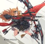  1girl animal_ears archetto_(arknights) arknights arrow_(projectile) artist_name black_dress blonde_hair blue_eyes boots bow_(weapon) breasts cloak closed_mouth commentary_request compound_bow cross-laced_footwear drawing_bow dress epaulettes full_body gauntlets heterochromia highres holding holding_bow_(weapon) holding_weapon lace-up_boots long_hair pleated_dress red_cloak red_eyes sima_naoteng solo tail weapon 