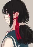  1girl black_eyes black_hair blue_sailor_collar coronavirus_pandemic highres long_hair mask mouth_mask original ponytail profile sailor_collar simple_background solo surgical_mask tan_background upper_body white_mask window1228 