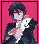  1boy 310v3 absurdres ahoge bangs black_hair black_jacket blush brown_eyes collared_shirt commentary dangan_ronpa_(series) dangan_ronpa_v3:_killing_harmony doll_hug english_commentary framed grin hair_between_eyes highres holding jacket long_sleeves looking_at_viewer male_focus monokuma official_alternate_costume pink_background saihara_shuuichi shirt short_hair simple_background smile stuffed_animal stuffed_toy teddy_bear upper_body white_shirt 