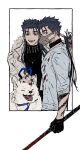  2boys alternate_costume beads blood blood_splatter blue_hair choker cu_chulainn_(fate)_(all) cu_chulainn_(fate/grand_order) dog earrings fangs fate/grand_order fate/stay_night fate_(series) fur-trimmed_jacket fur_trim gae_bolg gloves hair_beads hair_ornament hand_in_another&#039;s_hair holding holding_polearm holding_weapon jacket jewelry lancer leash long_hair looking_at_viewer male_focus mog_pero multiple_boys muzzle nail_polish necklace open_mouth polearm ponytail red_eyes ring smile spiky_hair tattoo tongue tongue_out turtleneck type-moon weapon 