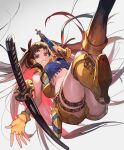  1girl black_ribbon boots brown_hair cross-laced_footwear fate/grand_order fate_(series) fingerless_gloves gloves highres ishtar_(fate)_(all) katana knee_boots lace-up_boots lack long_hair looking_at_viewer red_eyes ribbon single_glove smile space_ishtar_(fate) sword thighs very_long_hair weapon white_background 