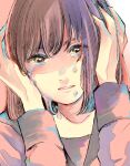  1girl absurdres bangs brown_hair crying hands_up highres huge_filesize long_sleeves looking_at_viewer original parted_lips pink_shirt portrait richard_(ri39p) shirt short_hair solo tears 