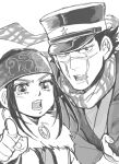  1boy 1girl ainu ainu_clothes asirpa bandana black_eyes black_hair blush cape commentary_request ear_piercing earrings fur_cape golden_kamuy greyscale hat headband holding holding_another hoop_earrings imperial_japanese_army jewelry kepi long_hair looking_at_viewer military military_hat military_uniform monochrome open_mouth osmt328 piercing pointing pointing_at_viewer scar scar_on_cheek scar_on_face scar_on_mouth scar_on_nose scarf short_hair sidelocks simple_background spiky_hair star_(symbol) sugimoto_saichi uniform upper_body white_background 