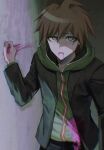  1boy absurdres ahoge aji_kosugi bangs black_jacket blood blood_from_mouth bloody_clothes bloody_hands blush brown_hair commentary_request cowboy_shot dangan_ronpa:_trigger_happy_havoc dangan_ronpa_(series) green_hoodie highres hood hoodie jacket long_sleeves looking_at_viewer male_focus naegi_makoto open_clothes open_jacket open_mouth pants pink_blood short_hair solo upper_body 