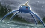  black_eyes clouds cloudy_sky commentary_request from_below gen_3_pokemon glowing grass highres no_humans outdoors pokemon pokemon_(creature) rain rend ripples sky solo surskit water 