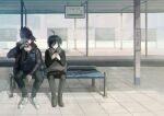  2boys ahoge backpack bag bangs bench black_footwear black_hair black_pants checkered checkered_scarf closed_eyes commentary dangan_ronpa_(series) dangan_ronpa_v3:_killing_harmony drink drinking eyelashes full_body holding holding_drink looking_to_the_side momota_kaito multiple_boys outdoors pants purple_hair saihara_shuuichi scarf scenery school_bag short_hair sign sitting sitting_on_bench smile spiky_hair train_station translation_request visible_air visket53 white_footwear yellow_eyes 