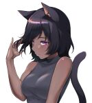  1girl animal_ear_fluff animal_ears bare_shoulders black_hair black_tail black_tank_top breasts cat_ears cat_girl cat_tail character_request copyright_request dark_skin dark-skinned_female eyebrows_visible_through_hair hand_in_hair highres medium_breasts medium_hair mofumancy solo tail tank_top violet_eyes white_background 