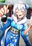  1girl alternate_costume blush braid breasts facepaint hair_ornament highres hololive japanese_clothes kimono large_breasts looking_at_viewer new_year open_mouth shirogane_noel short_hair shrine silver_hair smile solo virtual_youtuber 