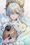  1girl anastasia_(fate) blue_eyes cape doll fate/grand_order fate_(series) fingernails hair_over_one_eye highres long_hair march_ab silver_hair twitter_username visible_air 
