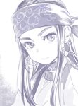  1girl ainu ainu_clothes asirpa bandana closed_mouth collar ear_piercing earrings eyebrows golden_kamuy greyscale headband hoop_earrings isa_(peien516) jewelry long_hair looking_at_viewer monochrome piercing sidelocks simple_background smile solo upper_body white_background 