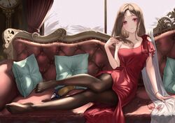  1girl absurdres alcohol bare_arms bare_shoulders black_legwear breasts brown_hair couch cup drinking_glass earrings feet formal full_body high_heels highres jewelry long_hair long_skirt looking_at_viewer no_bra original pantyhose pillow red_eyes red_skirt shoes_removed skirt thigh-highs tooku0 wine wine_glass 