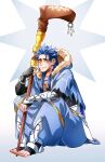  1boy blue_hair bracelet capelet cu_chulainn_(fate)_(all) cu_chulainn_(fate/grand_order) earrings fate/grand_order fate_(series) fur-trimmed_hood fur_trim ginkun greaves grin holding holding_staff hood hood_down hooded_capelet jewelry long_hair male_focus open_toe_shoes pants red_eyes ring sitting smile solo spiky_hair staff toes type-moon vambraces wooden_staff 
