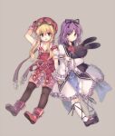  2girls :d :o arm_up bangs black_footwear black_legwear black_ribbon blonde_hair blue_eyes blush boots brown_eyes commentary dress eiyuu_densetsu eyebrows_visible_through_hair frilled_dress frilled_legwear frills gloves goggles goggles_on_head grey_background hair_between_eyes hair_ribbon hand_on_headwear hat kneehighs legwear_under_shorts long_hair long_sleeves multiple_girls object_hug open_mouth overall_skirt pantyhose parted_lips pink_gloves pink_shorts purple_hair red_footwear red_headwear renne rento_(rukeai) ribbon sailor_collar shirt shoes short_shorts short_sleeves shorts simple_background sleeves_past_wrists smile sora_no_kiseki stuffed_animal stuffed_bunny stuffed_toy tita_russell very_long_hair white_dress white_legwear white_sailor_collar white_shirt wide_sleeves 