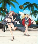  2girls aircraft airplane annin_musou ball barefoot blonde_hair blue_eyes blue_shirt blush brown_hair closed_eyes day eyebrows_visible_through_hair food gambier_bay_(kancolle) hair_between_eyes highres holding holding_food ice_cream innertube kantai_collection long_hair multiple_girls open_mouth palm_tree sandals saratoga_(kancolle) shirt short_sleeves shorts side_ponytail smile tree twintails white_shorts 