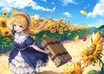  1girl absurdres blonde_hair blue_dress blue_eyes blue_sky bug chohe clouds cloudy_sky dress field flower flower_field frilled_dress frills hair_ribbon hat highres huge_filesize insect ladybug long_hair looking_at_viewer open_mouth original outdoors pinafore_dress red_ribbon ribbon short_sleeves sky solo standing straw_hat suitcase sunflower 