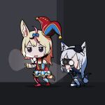  2girls animal_ears black_hairband black_headwear blonde_hair blue_jacket braid camera chibi clown elbow_gloves flashlight fox_ears fox_girl gloves hairband hat highres holding holding_camera hololive jacket mini_hat multiple_girls omaru_polka phasmophobia scared shirakami_fubuki single_elbow_glove single_glove violet_eyes virtual_youtuber walking white_hair yuikannon 