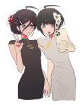  2girls ahoge alternate_costume bangs bare_shoulders black_dress black_eyes black_hair breasts brown_hair cellphone chinese_clothes commentary_request cropped_legs dangan_ronpa_(series) dangan_ronpa_another_episode:_ultra_despair_girls dress flower foreshortening fukawa_touko glasses grey_background hair_between_eyes hair_flower hair_ornament holding holding_hands holding_phone looking_at_viewer mole mole_under_mouth multiple_girls nabu_(d4ng4nn6bu12) naegi_komaru official_alternate_costume open_mouth phone red_flower round_eyewear self_shot short_hair simple_background sketch small_breasts smile spider_lily upper_teeth v 