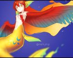  1girl akira_(meltyhip) blue_background closed_mouth colored_skin fiery_hair floating_hair gradient_hair harpy head_fins letterboxed long_hair looking_at_viewer mermaid monster_girl multicolored multicolored_eyes multicolored_hair orange_hair original red_eyes red_feathers red_skin red_wings redhead smile solo spread_wings twitter_username very_long_hair white_skin wings 