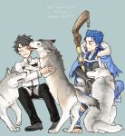  2boys animal black_hair blue_hair bracelet capelet chaldea_uniform closed_eyes closed_mouth collared_shirt cu_chulainn_(fate)_(all) cu_chulainn_(fate/grand_order) dog earrings fate/grand_order fate_(series) frown fujimaru_ritsuka_(male) fur-trimmed_hood fur_trim grimace grin hood hooded_capelet hozumi_riya jewelry licking long_hair long_sleeves looking_at_another male_focus multiple_boys pants petting red_eyes shirt short_hair simple_background sitting smile spiky_hair staff type-moon white_wolf wolf wooden_staff 