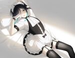  1boy absurdres alternate_costume apron arm_up bangs bed_sheet black_hair black_legwear blue_hair bow braid enmaided frills garter_straps genshin_impact gloves gradient_hair green_eyes hair_ornament highres kkopoli long_hair lying maid maid_apron maid_headdress male_focus multicolored_hair on_back one_eye_covered open_mouth otoko_no_ko pillow rubbing_eyes short_sleeves simple_background skirt solo thigh-highs thighs twin_braids venti_(genshin_impact) white_gloves 