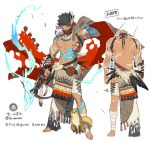  1boy animal animal_on_shoulder arm_tattoo arrow_(projectile) back bandaged_arm bandaged_leg bandages barefoot belt bird black_eyes black_hair dare_ga_tame_no_alchemist facial_hair feathers glowing glowing_arrow glowing_tattoo hair_between_eyes japants leg_tattoo male_focus muscular navel official_art owl scar scar_on_mouth shirtless shoulder_tattoo simple_background sketch squirrel stomach_tattoo tattoo toenails torn torn_clothes tribal veins white_background 