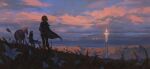  1boy 1girl alzi_xiaomi blonde_hair cloak clouds cloudy_sky flower grass highres hood hood_down hooded_cloak horse link pointy_ears princess_zelda saddle scenery short_hair sky standing sunset the_legend_of_zelda the_legend_of_zelda:_breath_of_the_wild the_legend_of_zelda:_breath_of_the_wild_2 tower 