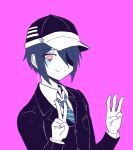  1boy 310v3 ahoge bangs black_hair blue_neckwear brown_eyes closed_mouth commentary dangan_ronpa_(series) dangan_ronpa_v3:_killing_harmony diagonal-striped_neckwear diagonal_stripes english_commentary hair_over_one_eye hands_up hat highres jacket long_sleeves looking_at_viewer male_focus necktie official_alternate_costume one_eye_closed pale_skin pink_background saihara_shuuichi shirt short_hair simple_background smile solo striped striped_neckwear twitter_username upper_body v w white_shirt 