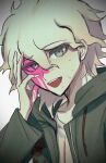  1boy :d aji_kosugi bangs blood blood_on_face bloody_hands blush collarbone commentary_request dangan_ronpa_(series) dangan_ronpa_2:_goodbye_despair eyebrows_visible_through_hair green_eyes green_jacket grey_background grey_eyes grey_shirt hand_up highres hood hooded_jacket jacket komaeda_nagito limited_palette long_sleeves looking_at_viewer male_focus open_clothes open_jacket open_mouth pink_blood print_shirt shirt short_hair simple_background smile solo sweat upper_body upper_teeth 