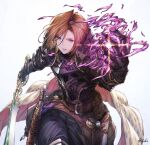  1girl apollonia_vaar armor belt black_armor brown_hair commentary_request energy gauntlets granblue_fantasy holding holding_sword holding_weapon ivris leaning_forward magic scabbard sheath short_hair simple_background solo sword violet_eyes weapon white_background 